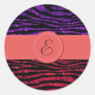 Lila Zebra, Rotes Zebra, Glitzer Zebra, Monogramm Runder Aufkleber