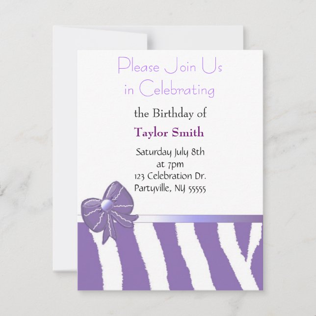 Lila Zebra Sripes Einladung zum Geburtstag (Vorderseite)