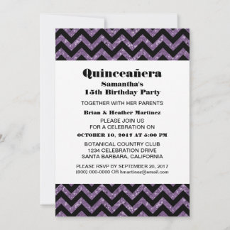 Lila Zickzack Glitzer Quinceañera Party Einladung