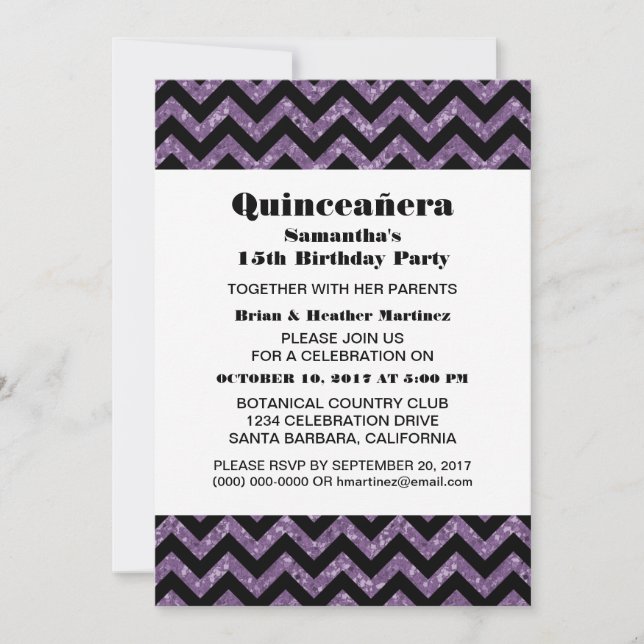 Lila Zickzack Glitzer Quinceañera Party Einladung (Vorderseite)