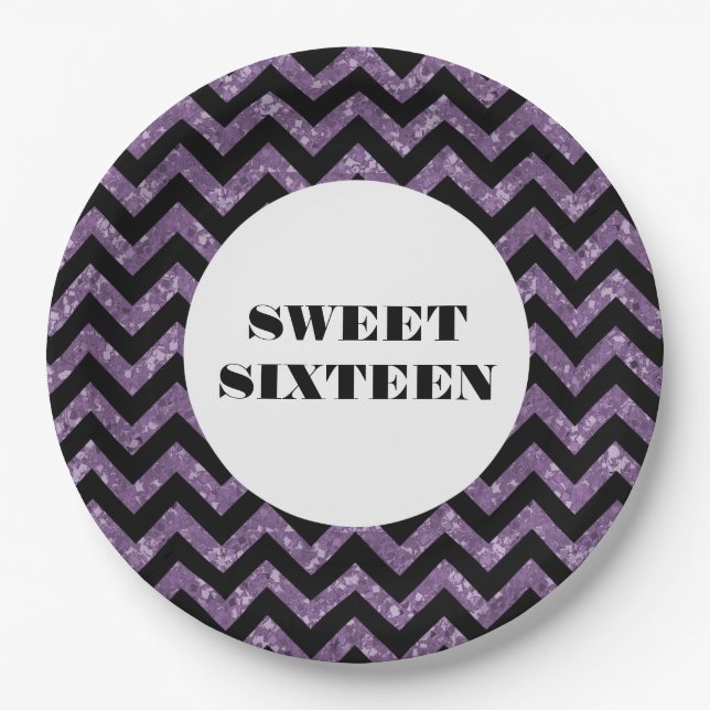 Lila Zickzack Glitzer Sweet 16 Paper Teller (Vorderseite)