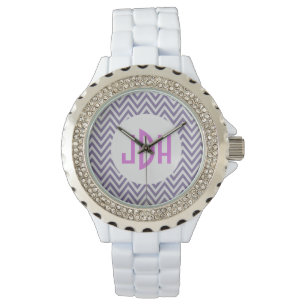 Lila Zickzack Monogramm-weiße Email-Uhr Armbanduhr