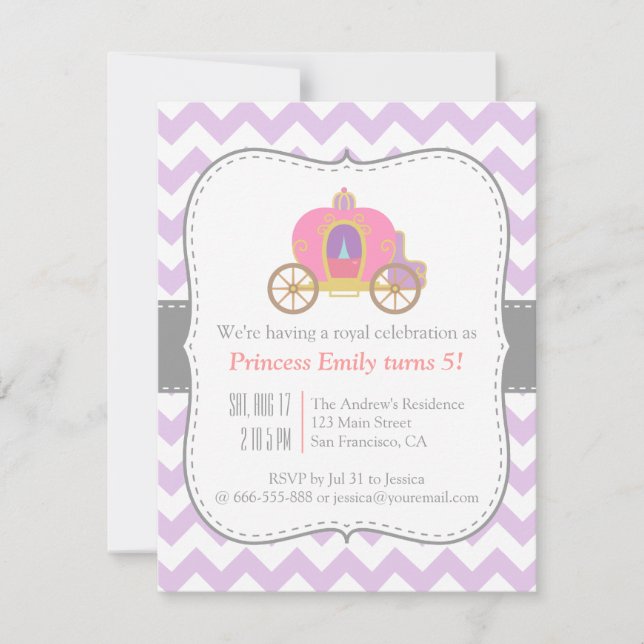 Lila Zickzack, Prinzessin Carriage Birthday Party Einladung (Vorderseite)