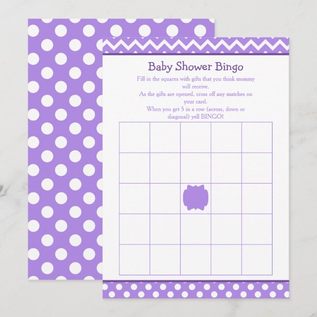 Lila Zickzack und Polka Dot Baby Dusche Bingo Einladung (Vorne/Hinten)