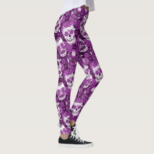 Lila Zucker-Schädel-Blumen-Ornamentmuster Leggings