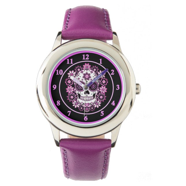 Lila Zuckerschädel Armbanduhr (Vorderseite)