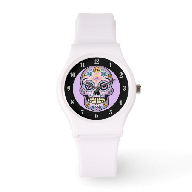 Lila Zuckerschädel Armbanduhr (Vorderseite)
