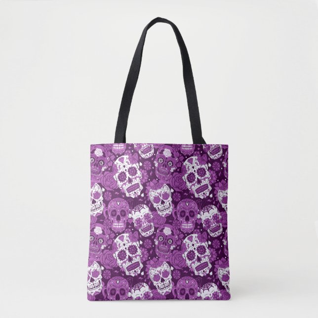 Lila Zuckerschädel-Blumenmuster Tasche (Vorderseite)