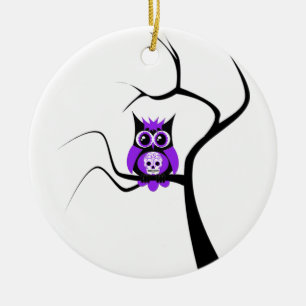 Lila Zuckerschädel-Eule in der Baum-Verzierung Keramikornament
