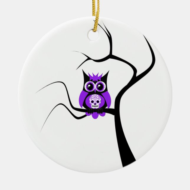 Lila Zuckerschädel-Eule in der Baum-Verzierung Keramikornament (Vorne)
