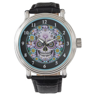 Lila Zuckerschädel mit Blume Armbanduhr