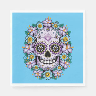 Lila Zuckerschädel mit Blume Serviette