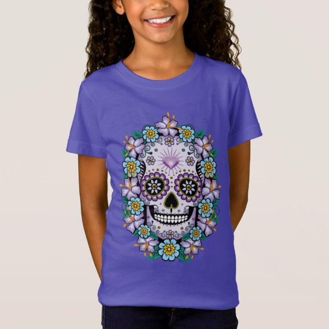 Lila Zuckerschädel mit Blume T-Shirt (Vorderseite)