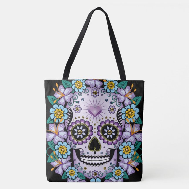 Lila Zuckerschädel mit Blume Tasche (Vorderseite)