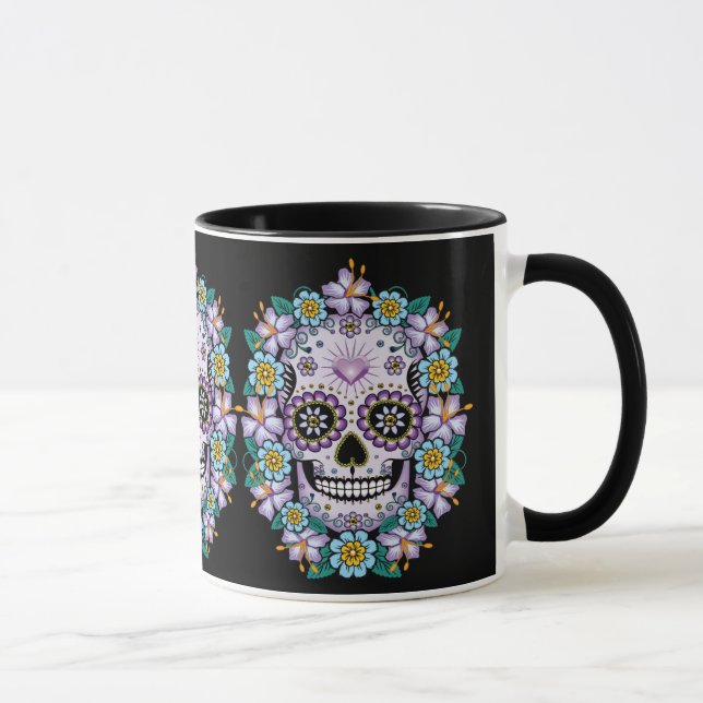 Lila Zuckerschädel mit Blume Tasse (Rechts)