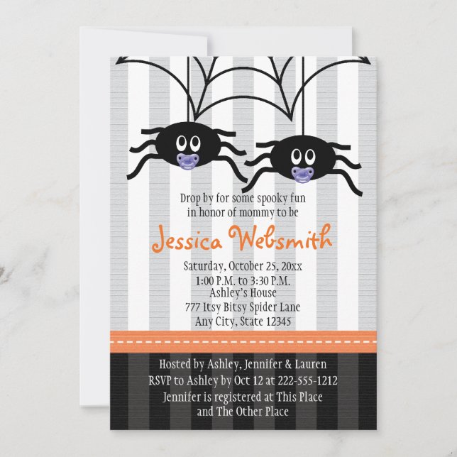 Lila Zwillingsspinnen Halloween Babydusche lädt ei Einladung (Vorderseite)