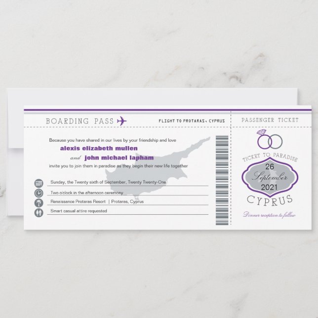 Lila Zypern-Boarding-Pass Einladung (Vorderseite)