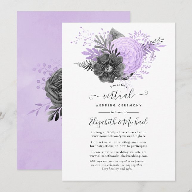 Lilac and Charcoal Floral Online Virtual Wedding Einladung (Vorne/Hinten)