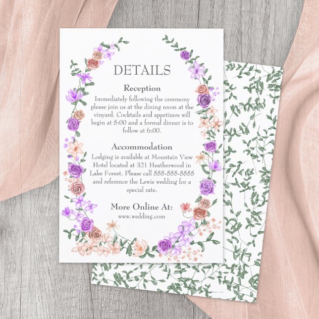 Lilac and Peach Rose Garden Weinroute Mendrisiotto Begleitkarte (lilac, purple, peach mixed floral patterns, rose vines, bouquets wedding details info enclosure card)