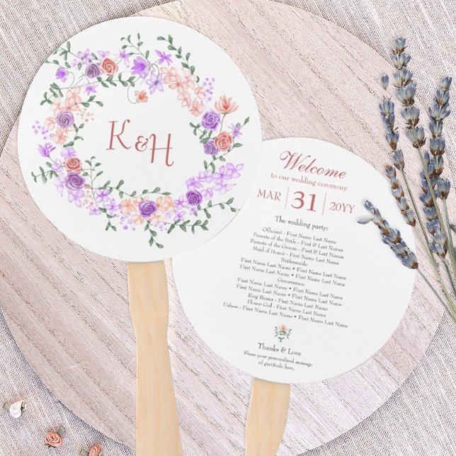 Lilac and Peach Rose Wreath Wedding  Fächer (lilac and peach wedding paper hand fans, light purple lavender wedding favors)
