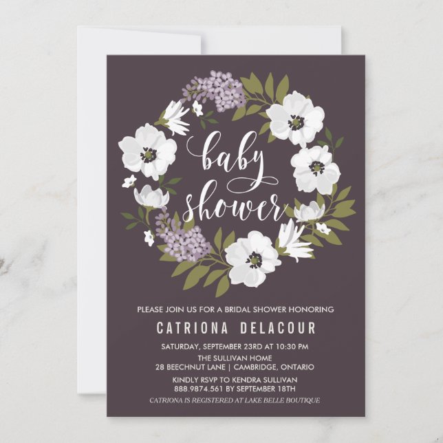 Lilac Anemone Floral Wreath Baby Shower Einladung (Vorderseite)
