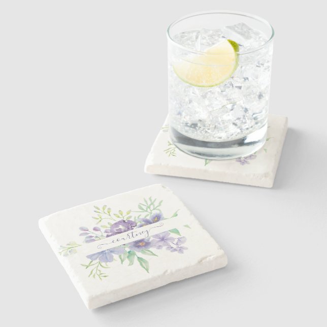 Lilac Aquarellblume personalisiert Steinuntersetzer (Seitenansicht)
