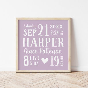 Lilac Baby Girl Birth Stats Keepake Poster