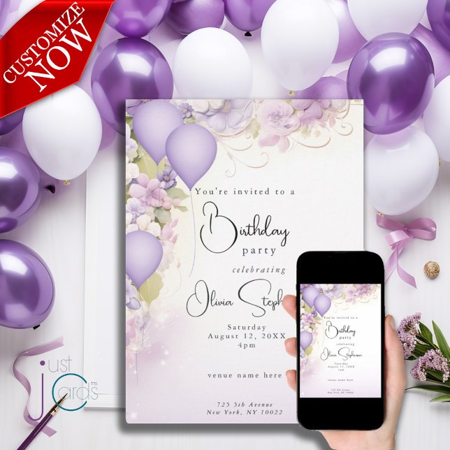 Lilac Balloons und Blume QR Geburtstag Einladung (text is easily customized )