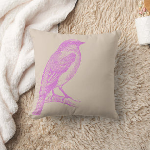 Lilac Bird Illustration Tan Throw Kissen