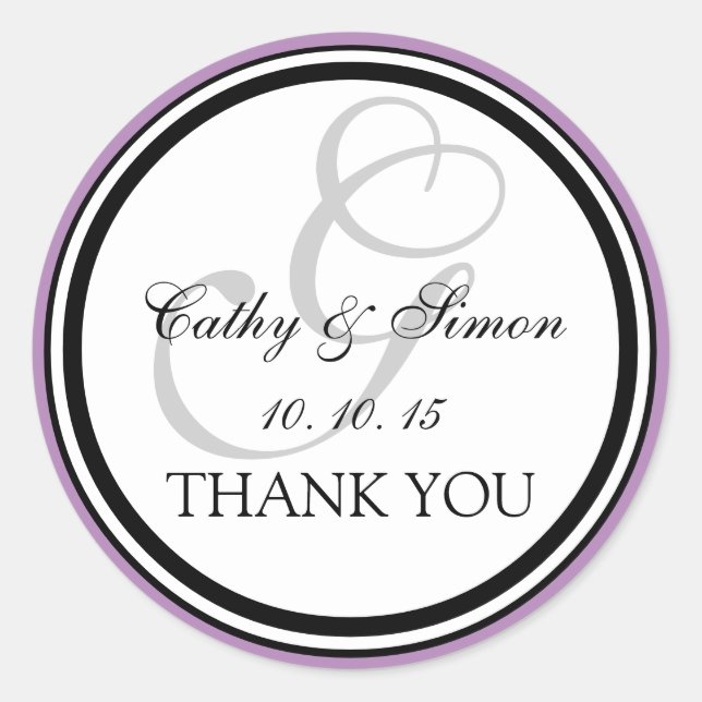 Lilac Black Monogram G Wedding Vielen Dank Runder Aufkleber (Vorderseite)