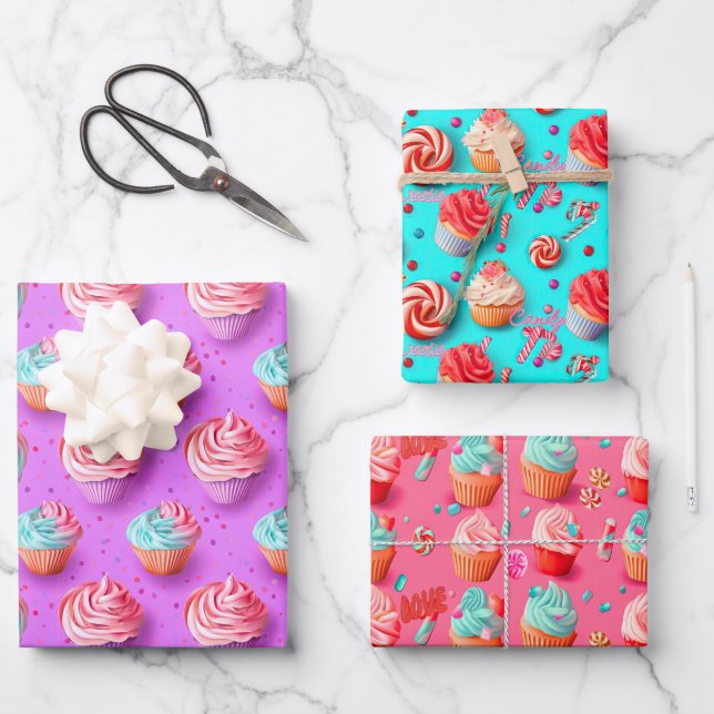 Lilac, Blau und Pink Cupcake, spielend farbig Geschenkpapier Set (Vorderseite)