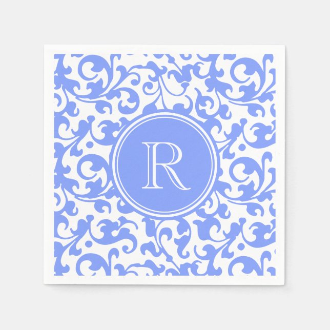 Lilac Blue Elegant Damask Wirbel Mit Monogramm Serviette (Vorderseite)