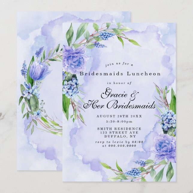 Lilac Blue Floral Bridesmaids Invitations de déjeu (Devant / Derrière)