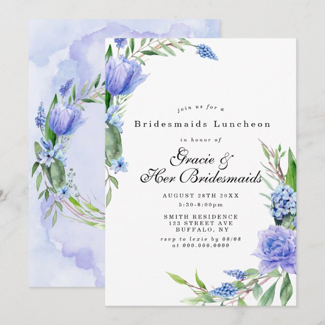 Lilac Blue Floral Bridesmaids Luncheon Invites (Vorne/Hinten)
