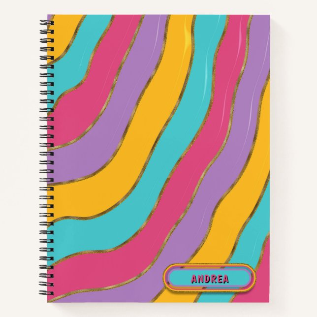 Lilac Blue Yellow Pink Groovy Gold Streifen Custom Notizbuch (Vorderseite)