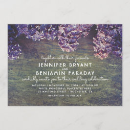Lilac blühende Branchen Rustikale Holzhochzeit Einladung