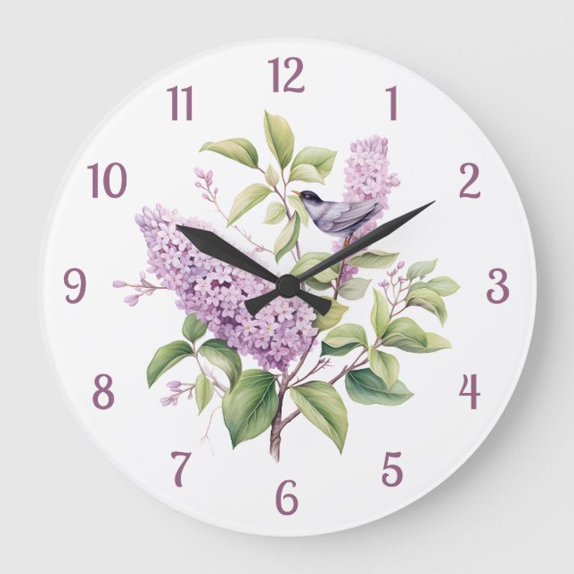 Lilac Blume & Bird Botanical Illustration Wall Große Wanduhr (Vorderseite)