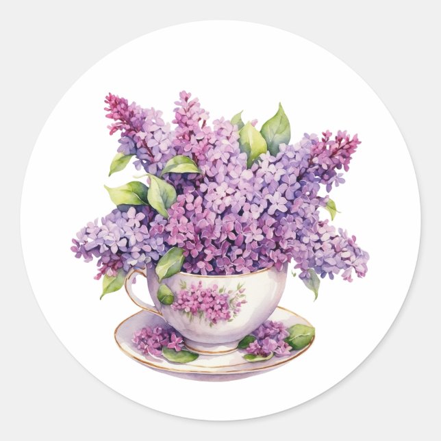 Lilac-Blume in einem Teacup blühen Runder Aufkleber (Vorderseite)