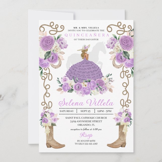 Lilac Blume Rustikaler Western Charro Quinceañera Einladung (Vorderseite)