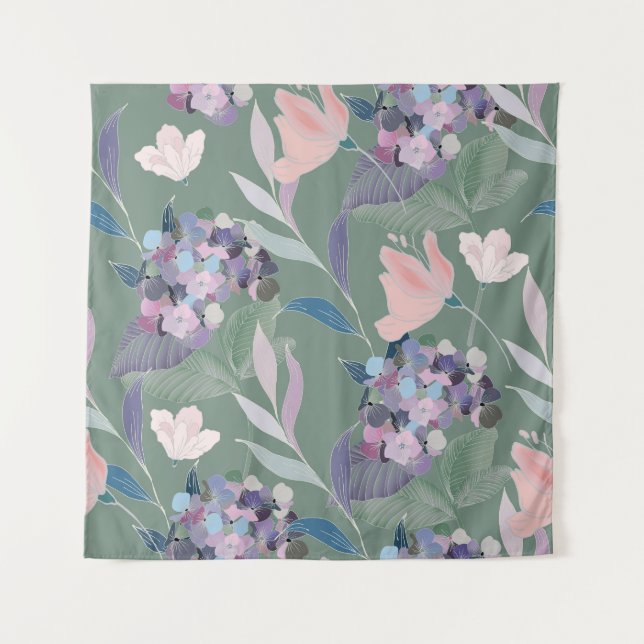 Lilac Blume Sage Gray Pattern Wandteppich (Vorderseite)