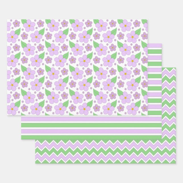 Lilac-Blume, Streifen und Zickzack Papierblätter Geschenkpapier Set (Set)