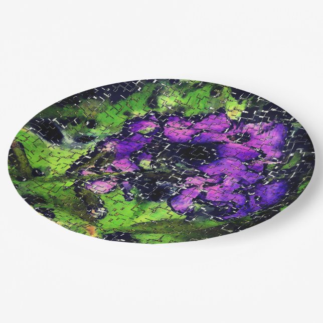 Lilac-Blume und Blätter in geschnitztem Mosaik Pappteller (Schrägansicht)