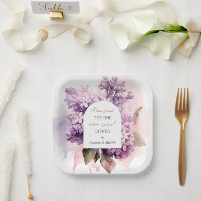 Lilac Blume Wasserfarben Kunst Hochzeit Bibel Vers Pappteller (Hochzeit)