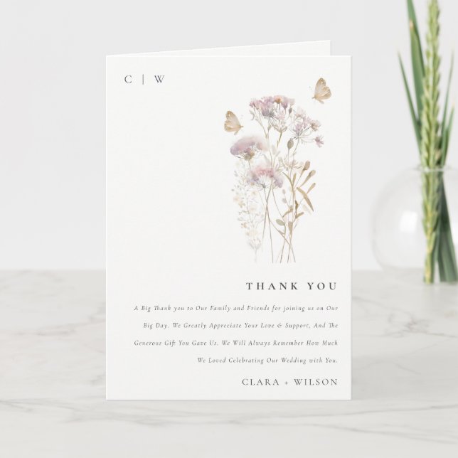 Lilac Boho Wildblume Fern Botanische Hochzeit Dankeskarte (Vorderseite)