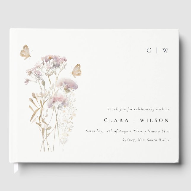 Lilac Boho Wildblume Fern Botanische Hochzeit Gästebuch (Vorderseite)