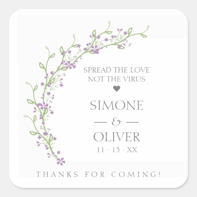 Lilac Botanical Elegant Wreath Wedding Sanitizer Quadratischer Aufkleber (Vorderseite)