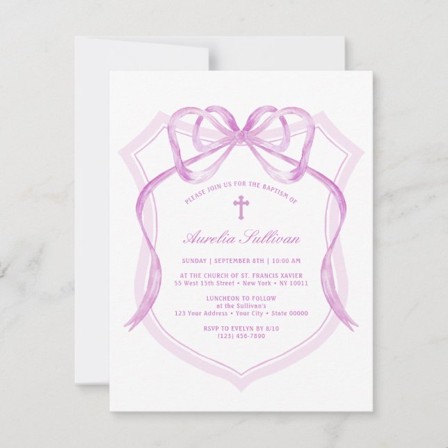 Lilac Bow Crest Baptême Invitation (Devant)