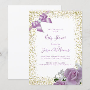 Lilac Bow & Rose, Gold Glitzer Baby Showroom Party Einladung