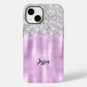 Lilac Brushed Metal Silver Glitzer Monogram iPhone 14 Hülle