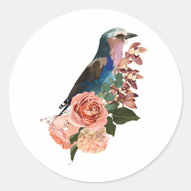Lilac brüste Rollervogel und Blume. Runder Aufkleber (Vorderseite)